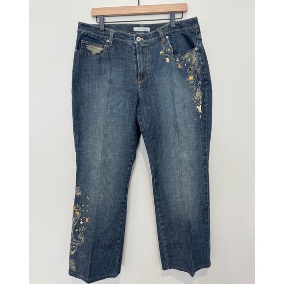 Chico's Denim - Chico's Platinum Embroidered Sequin Jeans Dark Wash Straight Ankle Blue 14 2.5